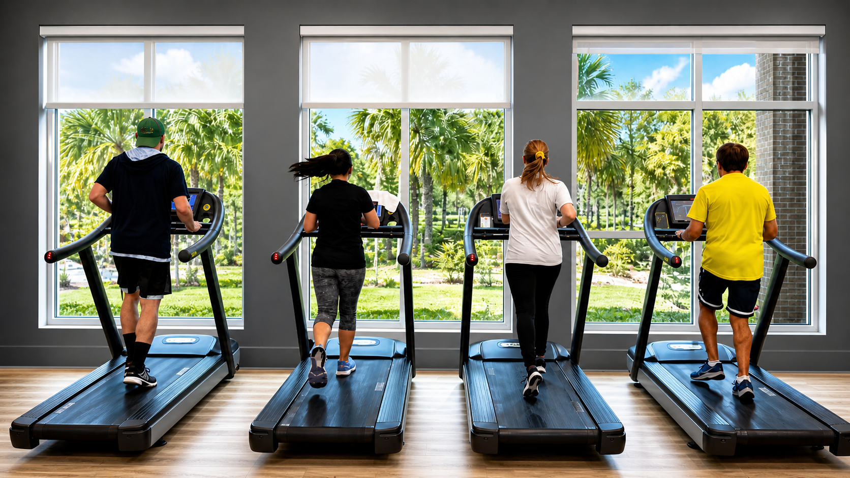 Group of people working out together on treadmills