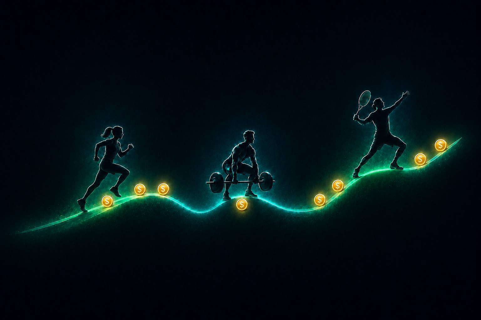 Silhouettes of a runner, a weightlifter and a tennis player moving along a glowing path lined with gold coins - apps that pay you to work out